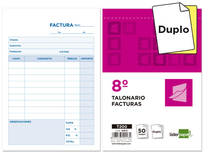 Talonario Liderpapel Facturas 8º natural 50 juegos duplicado con iVA